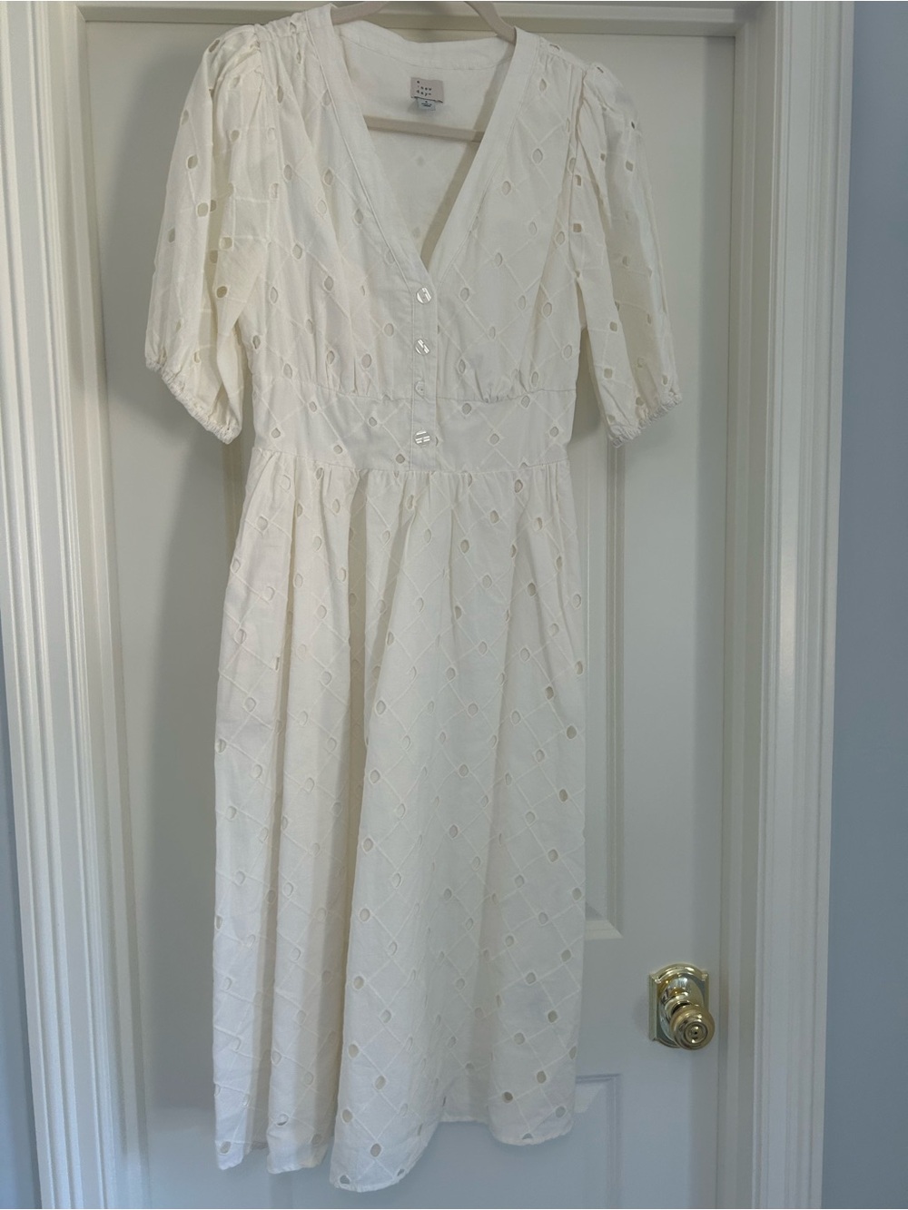 White Eyelet Midi Dress with Puff Sleeves